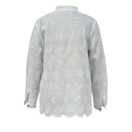 Women's Elegant Semi-Sheer Lace Blouse - Lightweight Breathable Long Sleeve Button-Up Shirt with Stand-Up Collar, Solid Color Machine Washable Plus Size Top for Spring Summer Casual & Formal Wear, Lace Shirt, Delicate Fabric Design