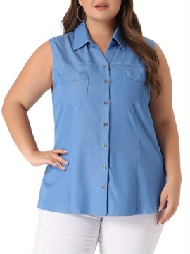 Plus Size Chambray Tops for Women Sleeveless Button Work Shirts Chambray Blouses Summer