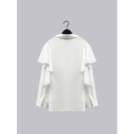 Plus Size, Plus Size Women's Elegant Long Sleeve Blouse with Oversized Collar & Ruffled Mandarin Collar - Semi-Sheer Wrinkle-Resistant-Like Smock Jacket-like Top, Hand Washable All-Season Professional Shirt (No Elasticity) for Office