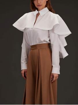 Plus Size, Plus Size Women's Elegant Long Sleeve Blouse with Oversized Collar & Ruffled Mandarin Collar - Semi-Sheer Wrinkle-Resistant-Like Smock Jacket-like Top, Hand Washable All-Season Professional Shirt (No Elasticity) for Office