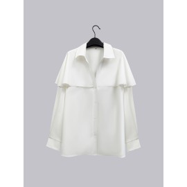Plus Size, Plus Size Women's Elegant Long Sleeve Blouse with Oversized Collar & Ruffled Mandarin Collar - Semi-Sheer Wrinkle-Resistant-Like Smock Jacket-like Top, Hand Washable All-Season Professional Shirt (No Elasticity) for Office