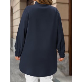 Plus Size, New Fashion Plus-Size Women's Shirt with Buttoned Tail Hem, Foldable Cuffs, Loose Fit, and Elegant Style