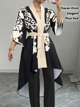 [Plus Size Blouse] Elegant Plus Size V-Neck Floral Print Blouse | Black and White, Non-Stretch Fabric, Perfect for All Seasons, Tie Waist and Puff Sleeves, Ladies