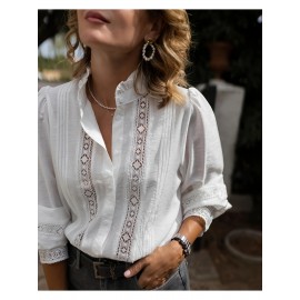 Plus Size, Women's Elegant Blouse - Formal & Everyday Chic Shirt with Lace-like pattern, Non-Stretch Fabric for Office, Wedding, Party - All-Season White Blouse for Women, Office Attire, Nontransparent Fabric