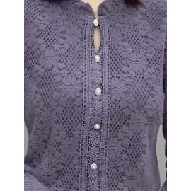 Plus Size - 1pc Elegant Lace Trim Long Sleeve Blouse for Women - Chic Round Neck, Non-Stretch Fabric, Floral Pattern, Perfect for Spring/Fall, Versatile Layering Piece, Spring Fashion Top | Floral Pattern Top | Nonstretch Material