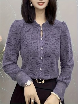 Plus Size - 1pc Elegant Lace Trim Long Sleeve Blouse for Women - Chic Round Neck, Non-Stretch Fabric, Floral Pattern, Perfect for Spring/Fall, Versatile Layering Piece, Spring Fashion Top | Floral Pattern Top | Nonstretch Material