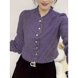 Plus Size - 1pc Elegant Lace Trim Long Sleeve Blouse for Women - Chic Round Neck, Non-Stretch Fabric, Floral Pattern, Perfect for Spring/Fall, Versatile Layering Piece, Spring Fashion Top | Floral Pattern Top | Nonstretch Material