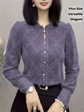 Plus Size - 1pc Elegant Lace Trim Long Sleeve Blouse for Women - Chic Round Neck, Non-Stretch Fabric, Floral Pattern, Perfect for Spring/Fall, Versatile Layering Piece, Spring Fashion Top | Floral Pattern Top | Nonstretch Material