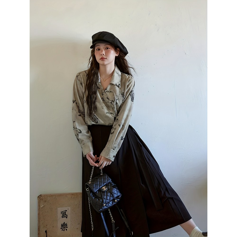 New Chinese Style Ruffle Button-Up Straight Ink Wash Shirt