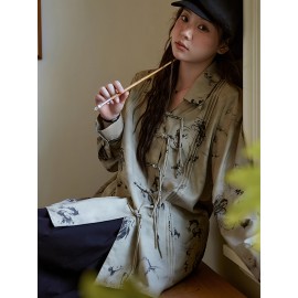 New Chinese Style Ruffle Button-Up Straight Ink Wash Shirt