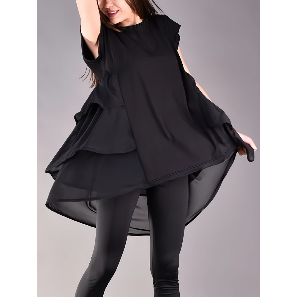 Plus Size, Black plus size waist-cinching asymmetrical luxury loose oversized ultra long Women's waist-cinching shirt