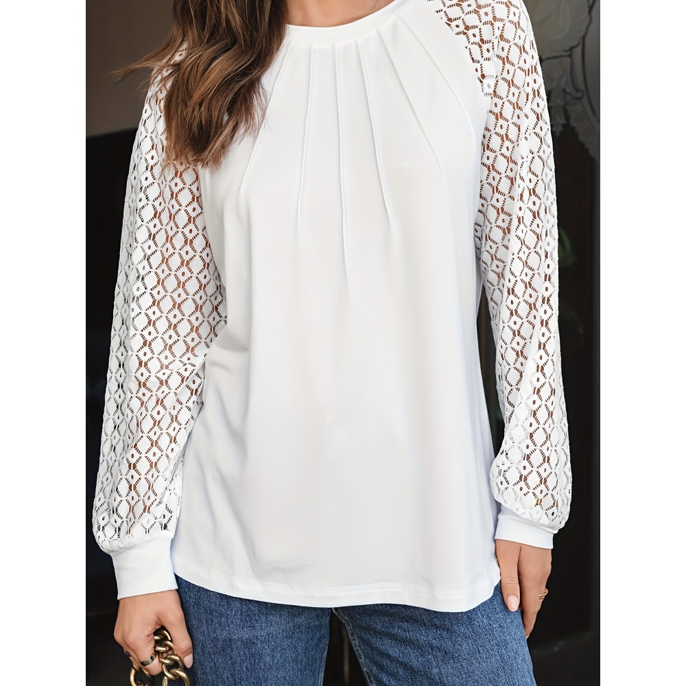 Plus Size, Women's Plus Size Lace Long Sleeve Shirt - Elegant Round Neck Pullover Top with Lace Trim, Lightweight Breathable Casual Blouse for Spring Summer Fall, Versatile for Jeans & Dresses, Lace Shirt, Seasonal Fashion, Sophisticated Pullover, Delicate Fabric, Fall Wardrobe, Soft Texture, Fashion Lovers