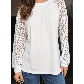 Plus Size, Women's Plus Size Lace Long Sleeve Shirt - Elegant Round Neck Pullover Top with Lace Trim, Lightweight Breathable Casual Blouse for Spring Summer Fall, Versatile for Jeans & Dresses, Lace Shirt, Seasonal Fashion, Sophisticated Pullover, Delicate Fabric, Fall Wardrobe, Soft Texture, Fashion Lovers