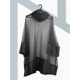 Plus Size, Women's Plus Size Elegant Blouse - Semi-Sheer Asymmetrical Shirt with Stack Neckline, Lightweight Chic Tops for Casual & Formal Events - Machine Washable Women's Clothing, Formal Attire, 3/4 Sleeve Design, Delicate Fabric