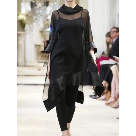 Plus Size, Women's Plus Size Elegant Blouse - Semi-Sheer Asymmetrical Shirt with Stack Neckline, Lightweight Chic Tops for Casual & Formal Events - Machine Washable Women's Clothing, Formal Attire, 3/4 Sleeve Design, Delicate Fabric