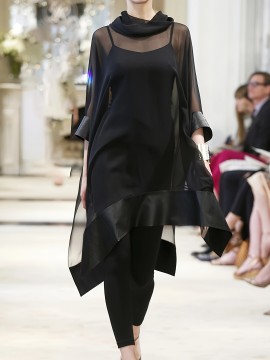 Plus Size, Women's Plus Size Elegant Blouse - Semi-Sheer Asymmetrical Shirt with Stack Neckline, Lightweight Chic Tops for Casual & Formal Events - Machine Washable Women's Clothing, Formal Attire, 3/4 Sleeve Design, Delicate Fabric