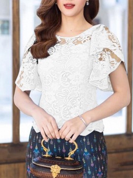 Plus Size, ZANZEA Women's Elegant Lace Patchwork Blouse - Short Sleeve Lace Collar & Sleeve Trim, Semi-Sheer Lace Panel Lightweight Summer Wedding Guest Dress Shirt, Plus Size Round Neck Blouse () for Party, Office, Casual - Machine