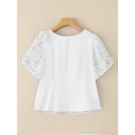 Plus Size, ZANZEA Women's Elegant Lace Patchwork Blouse - Short Sleeve Lace Collar & Sleeve Trim, Semi-Sheer Lace Panel Lightweight Summer Wedding Guest Dress Shirt, Plus Size Round Neck Blouse () for Party, Office, Casual - Machine