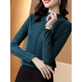 Plus Size, Women's Plus Size Thickened Winter Layering Jacket Blouse - Elegant Long Sleeve Stand Collar Button-Front Shirt Coat, Non-Stretch Warm Tunic for Layering Under Coats, Machine Washable (Curvy-Friendly, Autumn/Winter)