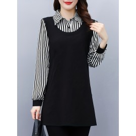 Plus Size, 1pc black and white striped spliced top, fashionable casual style, tummy-covering effect, suitable for daily wear in mid-to-senior age/autumn-winter season, plus-size Women's midi-length base layer shirt