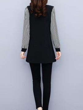 Plus Size, 1pc black and white striped spliced top, fashionable casual style, tummy-covering effect, suitable for daily wear in mid-to-senior age/autumn-winter season, plus-size Women's midi-length base layer shirt
