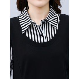 Plus Size, 1pc black and white striped spliced top, fashionable casual style, tummy-covering effect, suitable for daily wear in mid-to-senior age/autumn-winter season, plus-size Women's midi-length base layer shirt