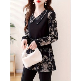 [Floral Print Blouse] Plus Size, Plus Size Floral Print Long Sleeve Shirt - Elegant Loose Fit H-Line Blouse With Contrast Collar & Drawstring Waist, Machine Washable Spring/Fall Top For Women, Casual Chic Wear, Sophisticated Pullover, Quality Casualwear