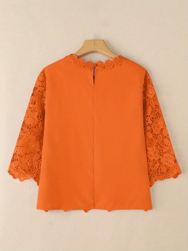 [Elegant Oversized Blouse] Plus Size, ZANZEA Women's Plus Size Elegant Oversized Blouse - Lightweight Short Sleeve-Like 3/4 Sleeve Crew Neck Shirt, Wrinkle-Resistant White & Colors, Structured Collar, Machine Washable - Office, Commuter & Casual Wear (No Stretch)