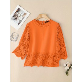 [Elegant Oversized Blouse] Plus Size, ZANZEA Women's Plus Size Elegant Oversized Blouse - Lightweight Short Sleeve-Like 3/4 Sleeve Crew Neck Shirt, Wrinkle-Resistant White & Colors, Structured Collar, Machine Washable - Office, Commuter & Casual Wear (No Stretch)