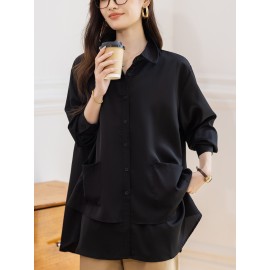Plus Size, BOHC Women's Oversized Tunic Shirt - Longline Collar Blouse with Button Front Closure, Solid Black Floor-Length or Above-Knee Length Options, Structured Fit for Spring/Fall Casual & Formal Wear, Minimalist Elegant Blouse for Women (Hand Wash/Dry Clean) - New Relaxed Fit Tunic with Button-Up Front, Smooth Texture & Solid Color Design, Suitable for Layering or Standalone Wear, Clothes for Women, Plus Size Lace Blouse, Blouses for Women High Quality,