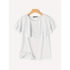 [Short Sleeve Ruffle Blouse] Elegant Plus Size Women's Blouse - Casual Short Sleeve with Ruffle Detail, Solid Color, Non-Stretch Polyester - Perfect for Spring/Summer
