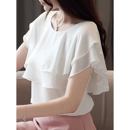[Short Sleeve Ruffle Blouse] Elegant Plus Size Women's Blouse - Casual Short Sleeve with Ruffle Detail, Solid Color, Non-Stretch Polyester - Perfect for Spring/Summer