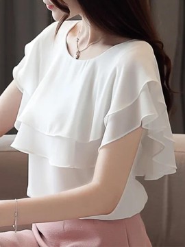 [Short Sleeve Ruffle Blouse] Elegant Plus Size Women's Blouse - Casual Short Sleeve with Ruffle Detail, Solid Color, Non-Stretch Polyester - Perfect for Spring/Summer
