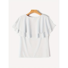 [Short Sleeve Ruffle Blouse] Elegant Plus Size Women's Blouse - Casual Short Sleeve with Ruffle Detail, Solid Color, Non-Stretch Polyester - Perfect for Spring/Summer