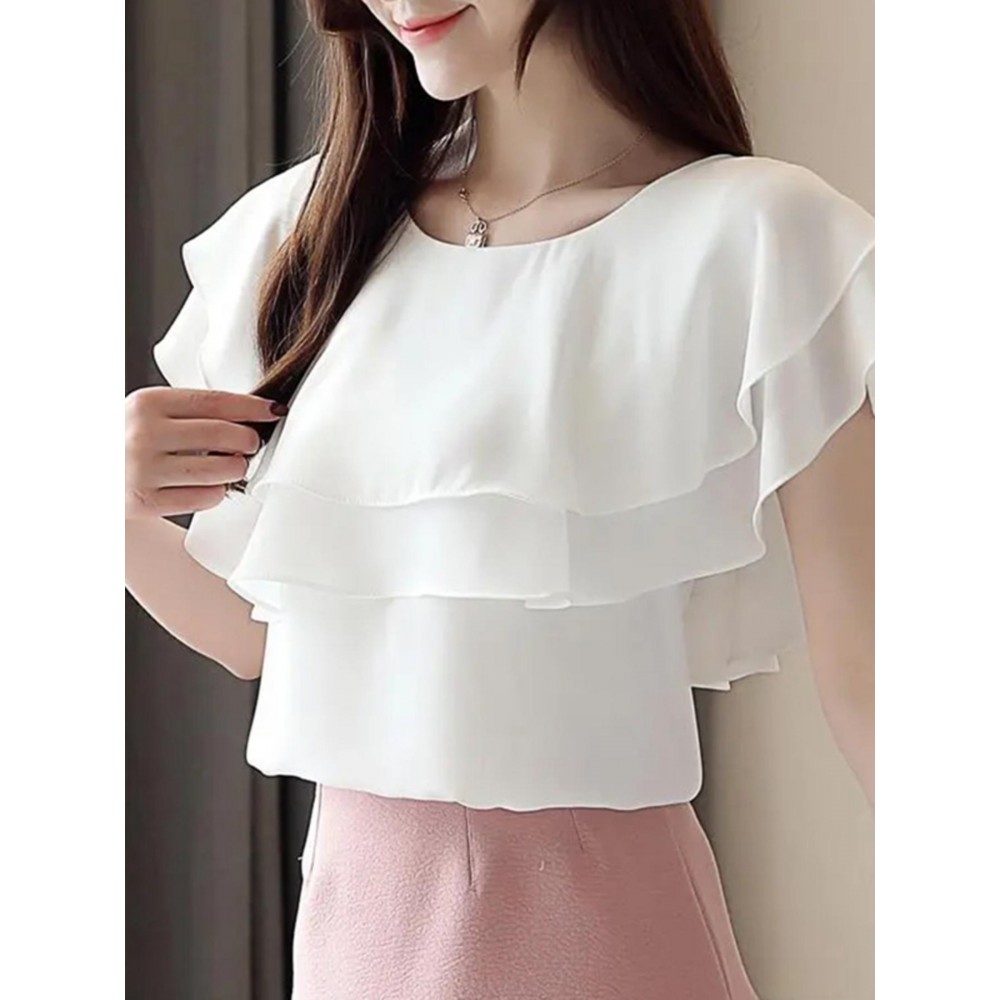 [Short Sleeve Ruffle Blouse] Elegant Plus Size Women's Blouse - Casual Short Sleeve with Ruffle Detail, Solid Color, Non-Stretch Polyester - Perfect for Spring/Summer