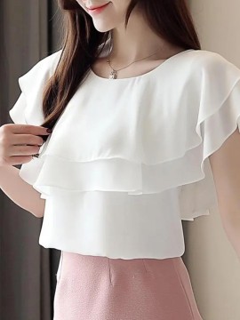 [Short Sleeve Ruffle Blouse] Elegant Plus Size Women's Blouse - Casual Short Sleeve with Ruffle Detail, Solid Color, Non-Stretch Polyester - Perfect for Spring/Summer