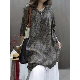 Plus Size, Women's Elegant V-Neck Long Sleeve Blouse - Olive Green & Beige Abstract Floral Print, Loose Fit Soft Lightweight Shirt with V-Neck & Slit Hem, All-Season Casual to Semi-Formal Blouse for Everyday & Formal Wear, Machine Washable (Green/Beige) - Relaxed Fit with Digital Print, Structured Collar & Open Hem, Suitable for Layering, Versatile for Casual or Formal Outfits, Plus Size Women Blouses, Plus Size Women Tops, Blouses For Women Plus Size,