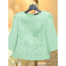 [Plus Size Embroidery Tops] Plus Size Elegant Embroidery Tops | Women's Short Sleeve Crew Neck Baggy Shirt | Summer Commuter Holiday Lightweight Casual Blouse