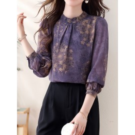 Plus Size - Elegant Long Sleeve Floral Print Blouse for Women - Chic Round Neck, Non-Stretch Fabric, Versatile All-Season Top with Puffed Sleeves, Perfect for Casual or Formal Occasions, Versatile Fashion | Floral Print Blouse | Nonstretch Fabric, Blouse For Women/plus Size/large Size, Women Top And Blouse
