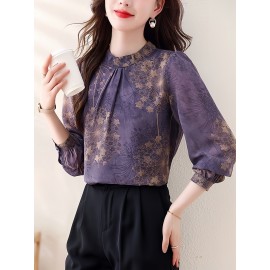 Plus Size - Elegant Long Sleeve Floral Print Blouse for Women - Chic Round Neck, Non-Stretch Fabric, Versatile All-Season Top with Puffed Sleeves, Perfect for Casual or Formal Occasions, Versatile Fashion | Floral Print Blouse | Nonstretch Fabric, Blouse For Women/plus Size/large Size, Women Top And Blouse