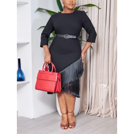 Plus Size Fringe Hem Bodycon Dress, Elegant 3/4 Sleeve Midi Dress For Spring & Fall, Women's Plus Size Clothing