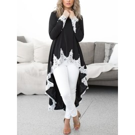 [Elegant Plus Size Dress] Elegant Plus Size Women's Long Sleeve Maxi Dress | Black & Lace Contrast, Flowy Formal/Everyday Dress with Round Neck, Machine Washable Non-See-Through Fabric for Parties, Office, Casual Outfits, Everyday Elegance, Sophisticated Style