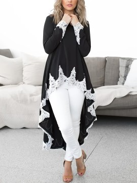 [Elegant Plus Size Dress] Elegant Plus Size Women's Long Sleeve Maxi Dress | Black & Lace Contrast, Flowy Formal/Everyday Dress with Round Neck, Machine Washable Non-See-Through Fabric for Parties, Office, Casual Outfits, Everyday Elegance, Sophisticated Style