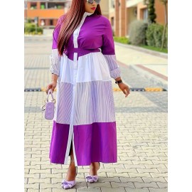 Plus Size - Plus Size, Women'S Plus Size Elegant Long Sleeve dress - Formal & Casual office to party Outfit, Button-Front Long Dress in Olive Green & White Vertical Stripes, Non-Stretch Fabric for Everyday & Special Events, Versatile Wardrobe Staple, Classic Round Neckline, Structured Silhouette, Stylish Blouse Dress, Professional Women
