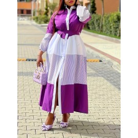 Plus Size - Plus Size, Women'S Plus Size Elegant Long Sleeve dress - Formal & Casual office to party Outfit, Button-Front Long Dress in Olive Green & White Vertical Stripes, Non-Stretch Fabric for Everyday & Special Events, Versatile Wardrobe Staple, Classic Round Neckline, Structured Silhouette, Stylish Blouse Dress, Professional Women