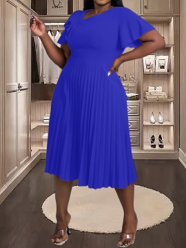 [Royal Blue Midi Dress] Stretchy Polyester Blend Royal Blue Midi Dress | Elegant Pleated with Ruffle Sleeves & Asymmetrical Neckline - Perfect for Summer Parties & Casual Outfits