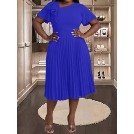 [Royal Blue Midi Dress] Stretchy Polyester Blend Royal Blue Midi Dress | Elegant Pleated with Ruffle Sleeves & Asymmetrical Neckline - Perfect for Summer Parties & Casual Outfits