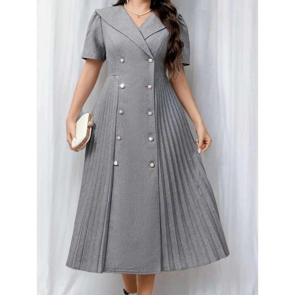 Elegant Pleated Midi Dress, Polyester 95% Spandex 5% Blend, Short Sleeve Tunic with Contrast Lapel Collar, Loose Fit Solid Color, Non-Stretch Fabric, Spring/Summer Casual Weekend Wear