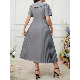 Elegant Pleated Midi Dress, Polyester 95% Spandex 5% Blend, Short Sleeve Tunic with Contrast Lapel Collar, Loose Fit Solid Color, Non-Stretch Fabric, Spring/Summer Casual Weekend Wear