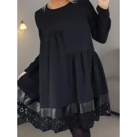 Plus Size, Plus Size Women's Elegant Black Dress with Lace Trim - Flared Skirt, Round Neck, All-Season Versatile Fit & Flared Silhouette for Casual to Formal Occasions, Evening Wear, Sophisticated Style, Quality Stitching, Stylish Ladies